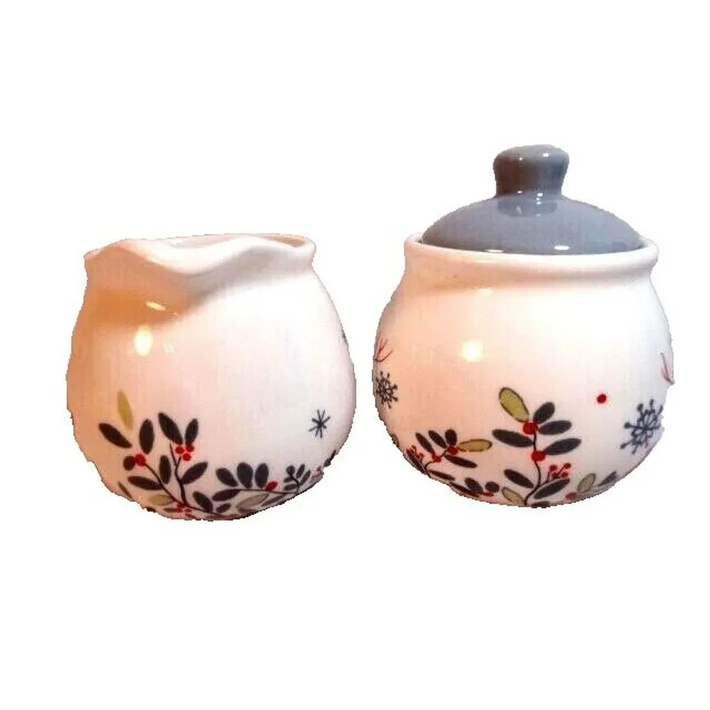 Reindeer Snowflakes Cream Sugar Set Ceramic White Red Gray Christmas Serveware